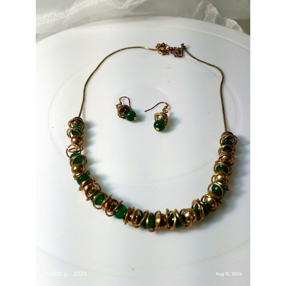 Chunky Green Glass Bead Layered Necklace & Matching Dangle Earrings Set